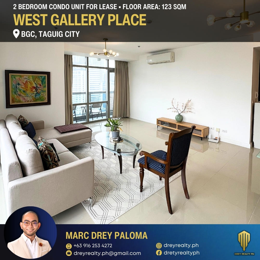 2 Bedroom Unit in West Gallery Place at 125 SQM Floor Area, Semi Furnished, 1 Parking, Facing Terra Park & Manila Bay, BGC Taguig City, FOR LEASE