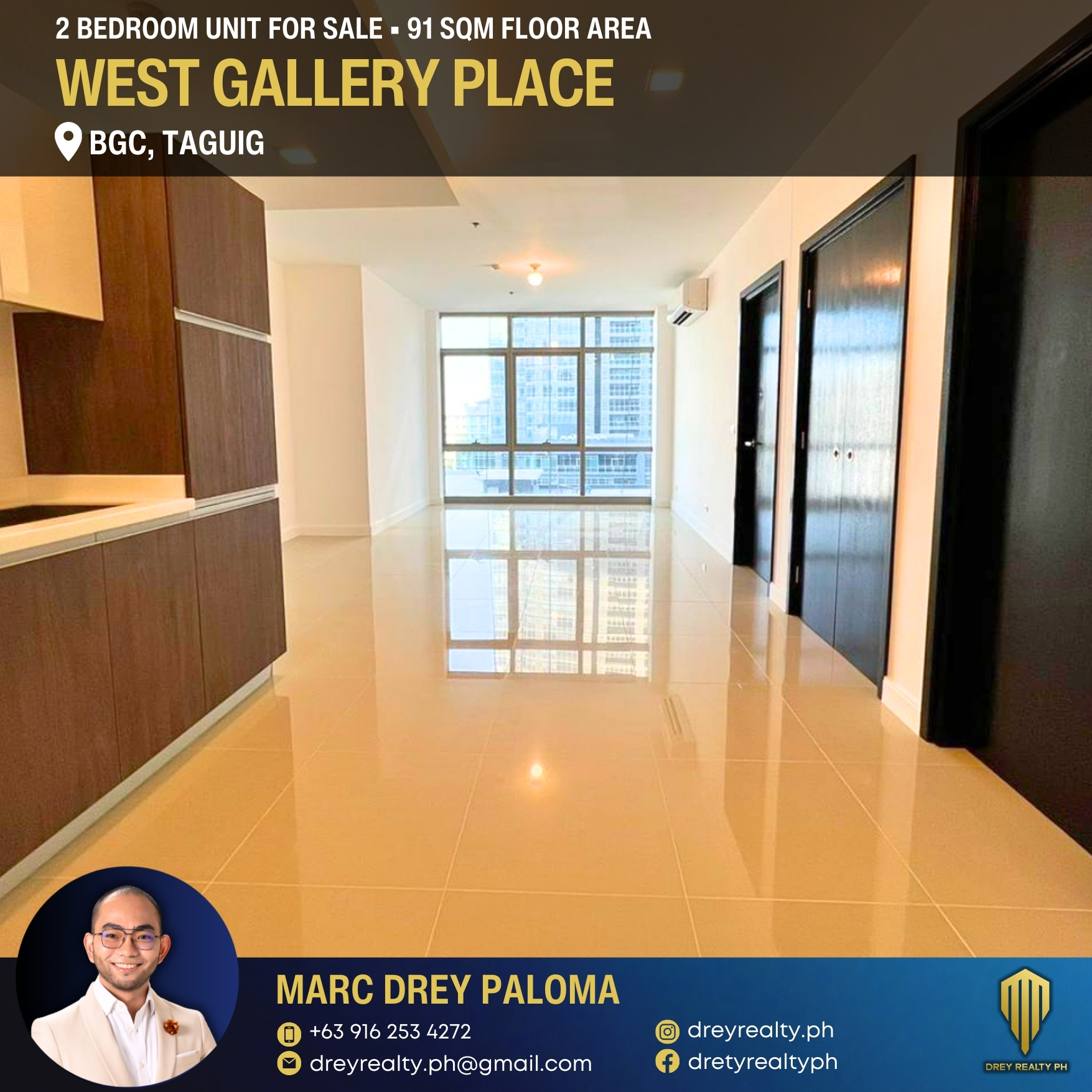 2 Bedroom in West Gallery Place at 91 SQM Floor Area, 8th Floor, 1 Parking Inclusive, BGC Taguig City, FOR SALE